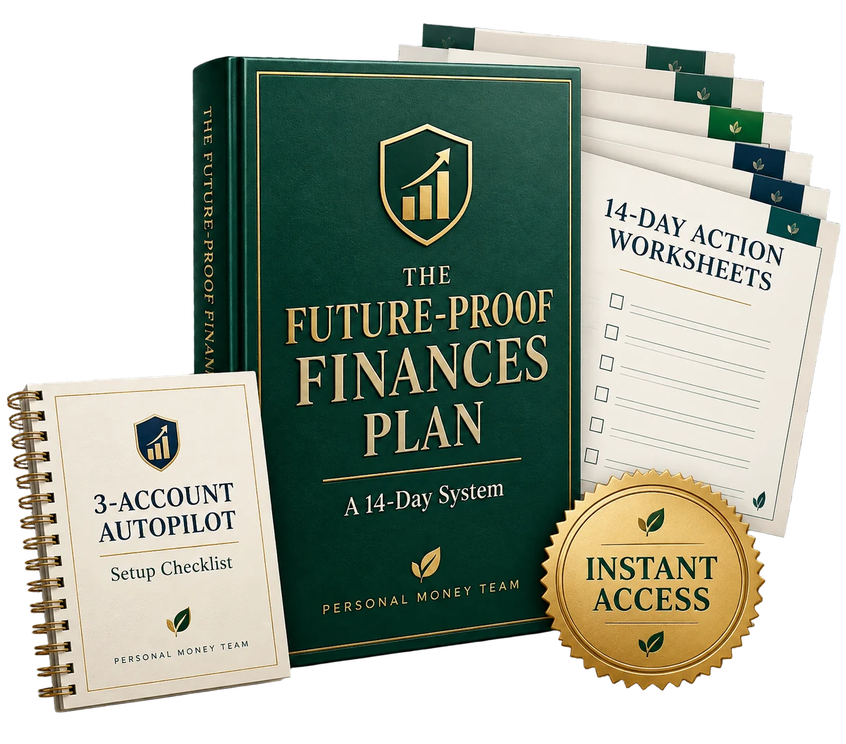 The Future-Proof Finances Plan digital bundle with the core guide, 14-day action worksheets, 3-Account Autopilot checklist, and instant access badge